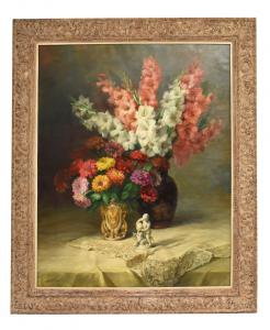 ALTE MEISTER GEMÄLDE IRIS- UND GERBERA-BLUMEN, GROßES ÖL AUF LEINWAND, ART DECO, JULIEN STAPPERS. (QF674)